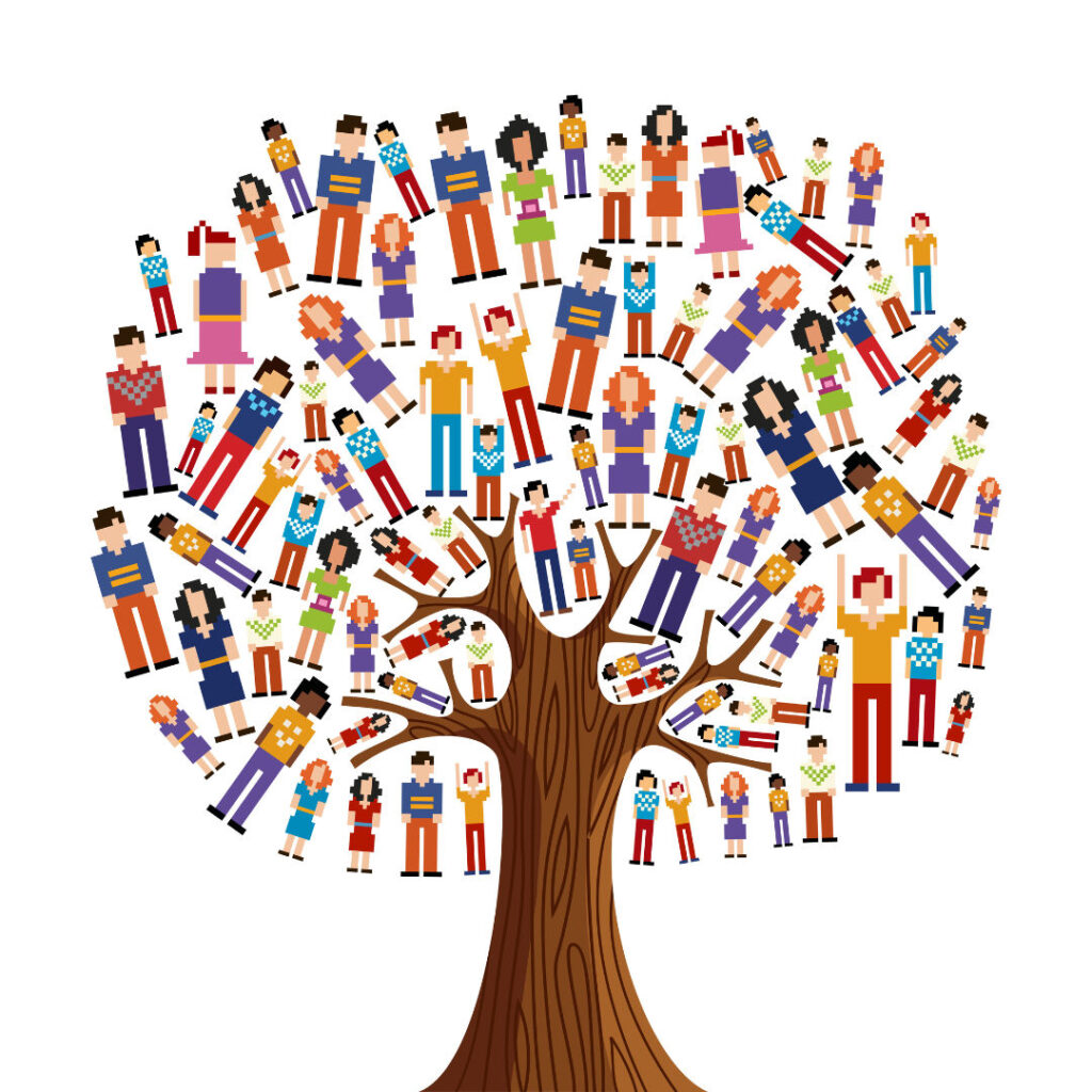 Isolated diversity tree with pixelated people illustration. Vector file layered for easy manipulation and custom coloring.